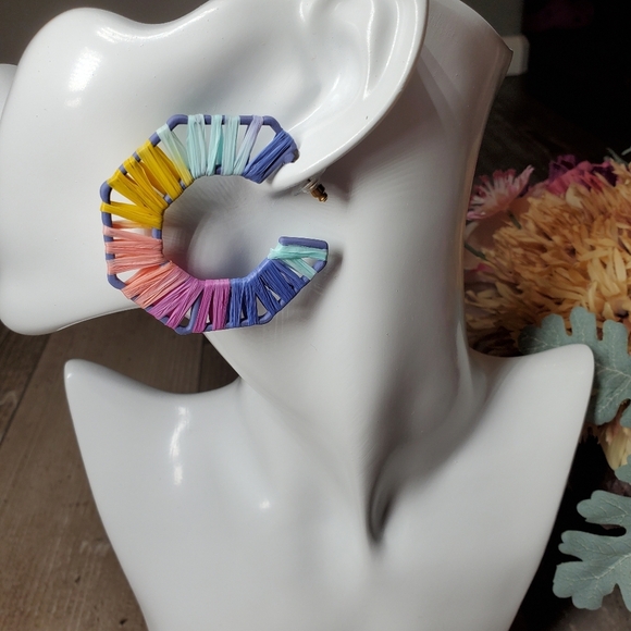 NWT Pastel Octogonal Raffia Open Hoop Earrings - Picture 14 of 14